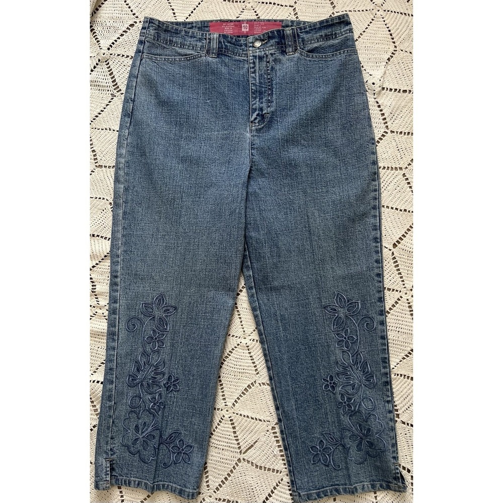 Y2K Embroidered Floral Cropped Jeans Mid Rise Artsy Cottage Size 10 98% Cotton